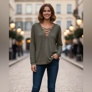 Nili Lotan Tribeca Design Studio mustard V-neck w/tassel 100% linen blouse, XS